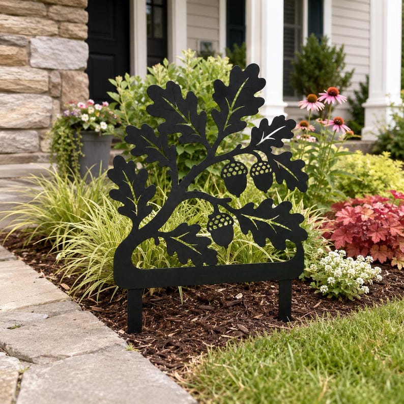 Pieu de jardin feuille de chêne, décoration de pelouse en métal noir, piquet de branche de gland