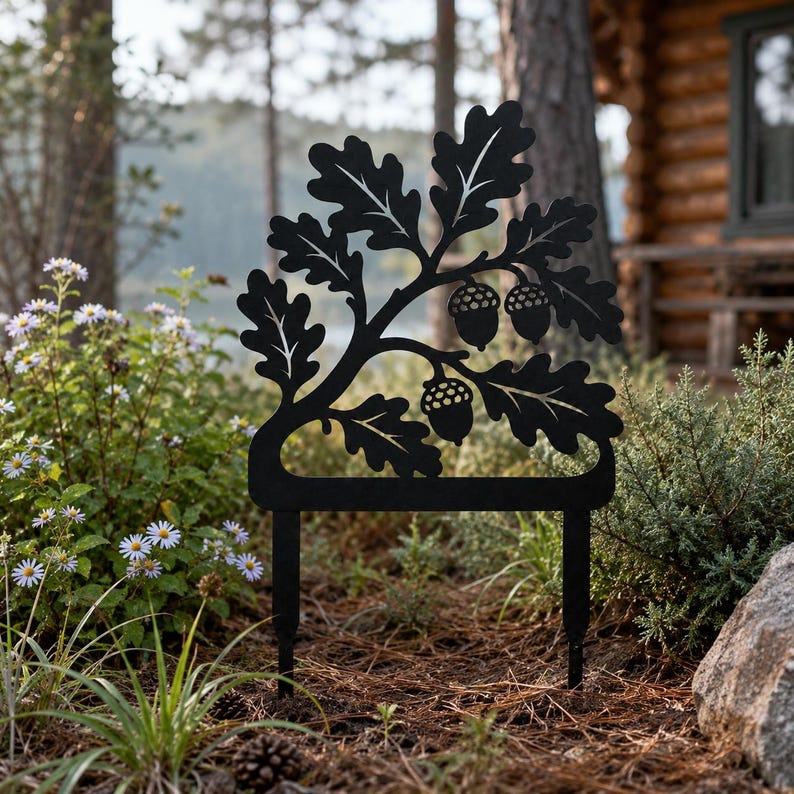 Pieu de jardin feuille de chêne, décoration de pelouse en métal noir, piquet de branche de gland