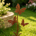 Piquet de jardin en métal corten avec 3 papillons, décoration extérieure rustique 30 cm
