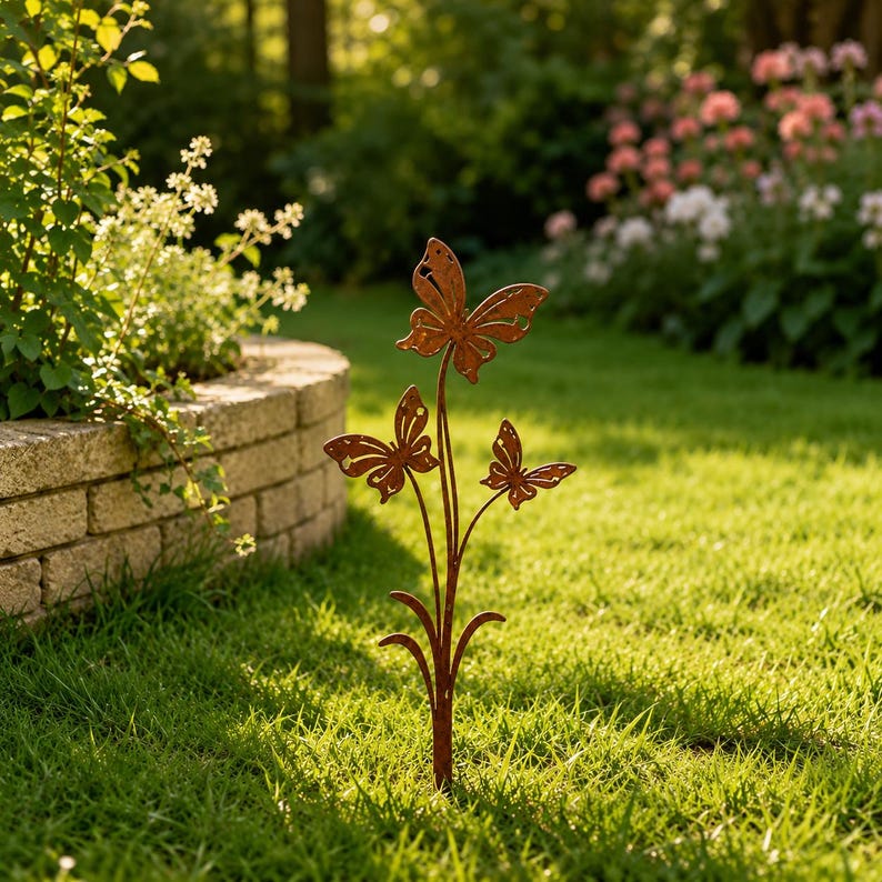 Piquet de jardin en métal corten avec 3 papillons, décoration extérieure rustique 30 cm