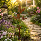 Piquet de jardin en métal corten avec 3 papillons, décoration extérieure rustique 30 cm