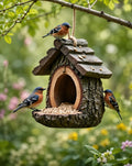 Mangeoire à oiseaux suspendue rustique 12 cm, cabane style écorce pour jardin, balcon, terrasse