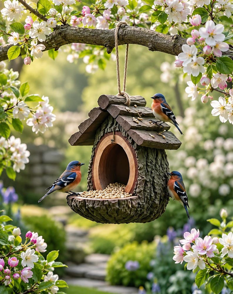 Mangeoire à oiseaux suspendue rustique 12 cm, cabane style écorce pour jardin, balcon, terrasse