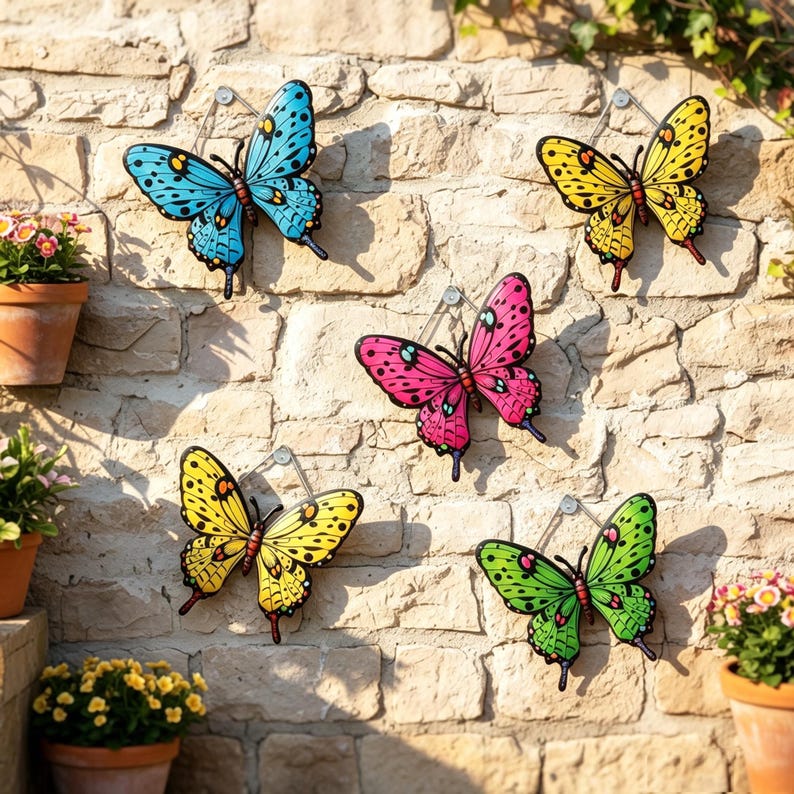 Ensemble de 4 papillons en métal coloré peint à la main, décoration murale extérieure, sculpture 2D pour jardin, clôture, patio