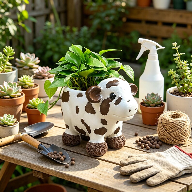 Pot de fleurs en résine pour plantes succulentes, motif vache tachetée, style vintage