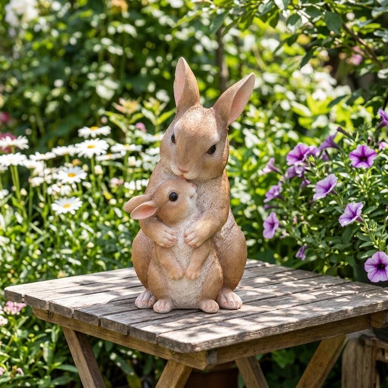 Statuette de jardin famille de lapins en résine, décoration extérieure style boisé, figurine peinte à la main pour patio et jardin