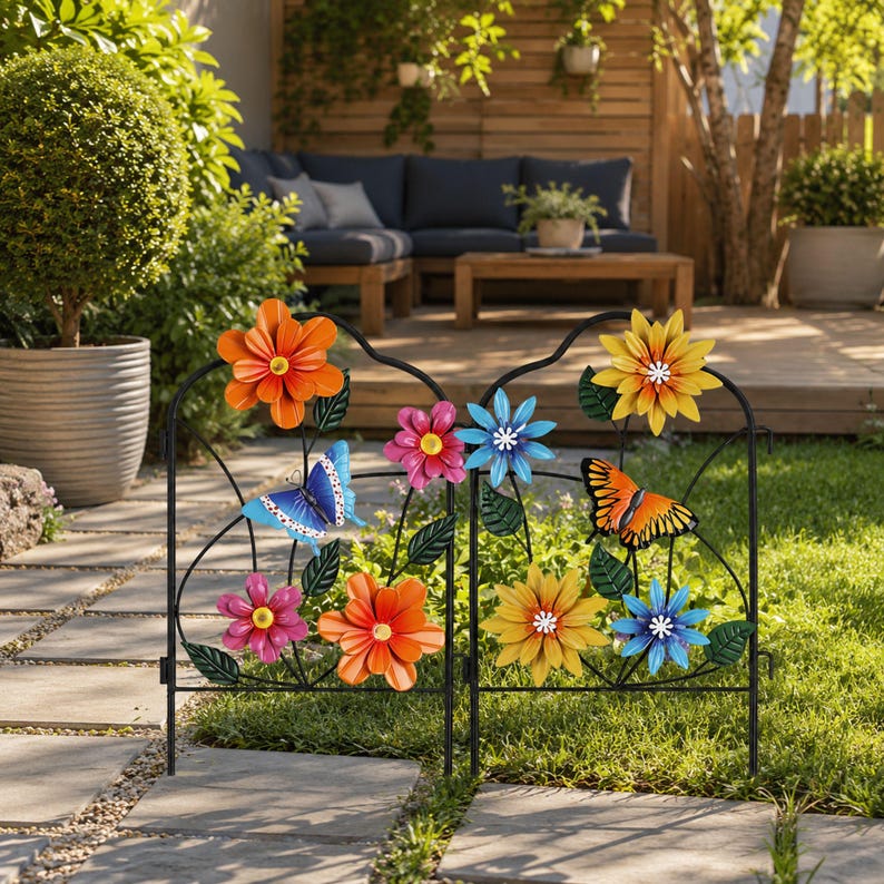 Lot de 2 piquets de jardin en métal, décoration extérieure avec motifs floraux