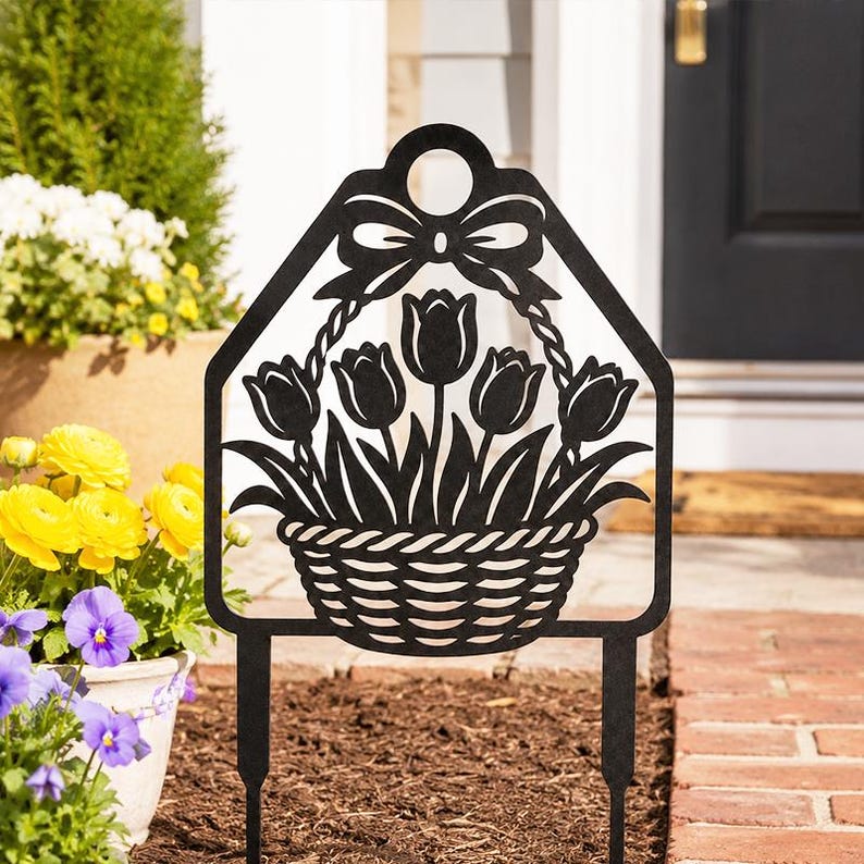 Piquet de jardin métal noir panier de tulipes, décoration florale printemps, 20-76 cm